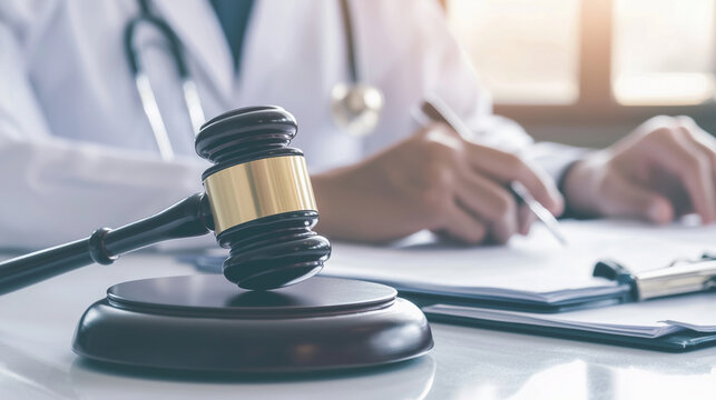 A courtroom scene with medical documents and a gavel, representing a lawsuit for medical malpractice and medicine fraud, with legal professionals reviewing evidence. photo