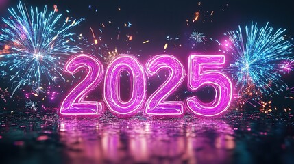 Happy New Year 2025 in Neon Text with a Fireworks Display