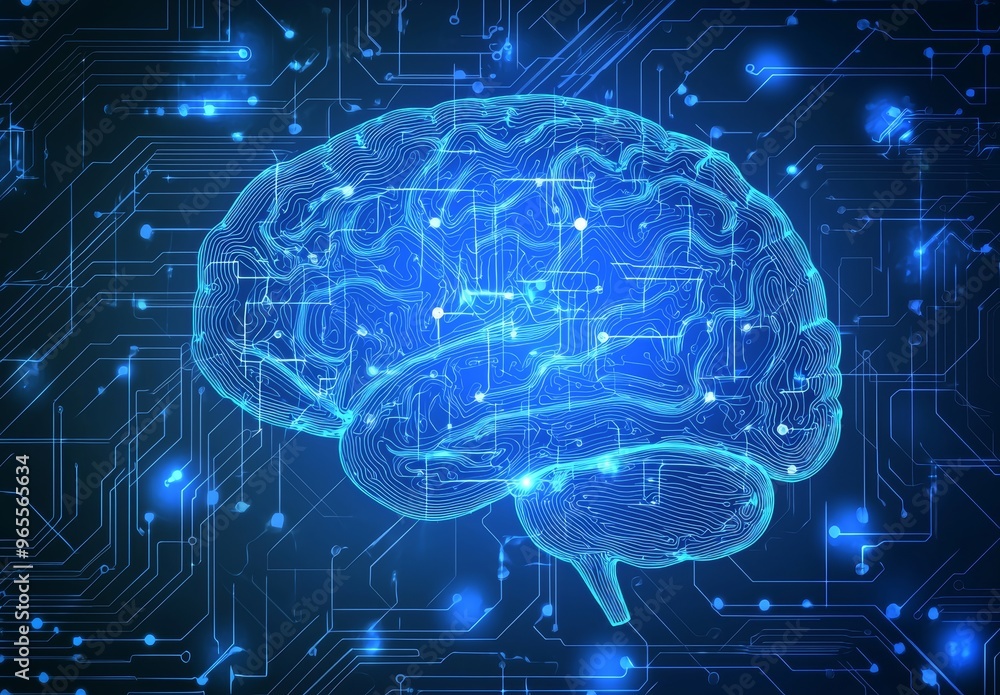 Poster the concept of machine learning, stock, stock, and deep learning with a 3d wireframe brain in front 