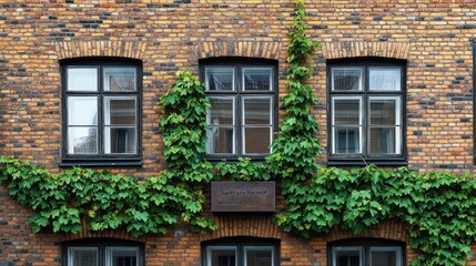 Fototapeta premium Brick Wall With Ivy And Windows