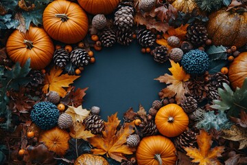 Autumn wreath made of pumpkins, pine cones, leaves, and berries on dark background, fall seasonal frame concept
