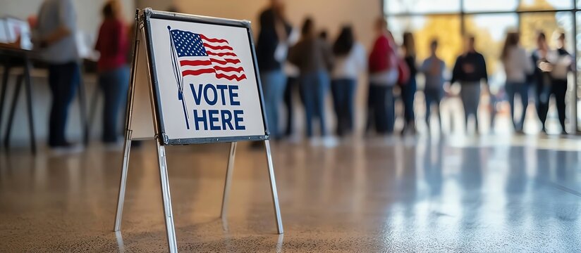 A voting sign stands prominently as citizens line up to cast their ballots in a busy polling station during election day.