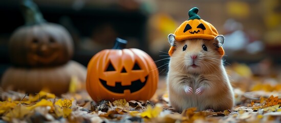 A cheerful hamster wearing a pumpkin hat sits beside a carved pumpkin amidst colorful autumn leaves.