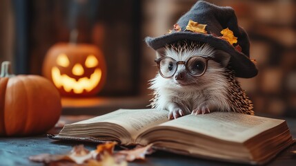 A cute hedgehog wearing glasses and a witch hat sits on a book, surrounded by autumn leaves and a pumpkin for Halloween.