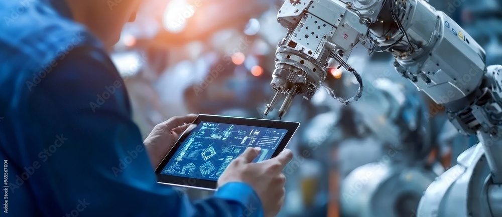 Poster an engineer manager checks and controls automation robot arms machines in an intelligent factory ind