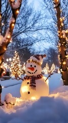 Obraz premium Illuminated Snowman in Snowy Landscape with Christmas Lights