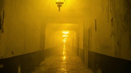 The eerie corridor was dimly lit with flickering, yellow gel lighting, casting a nostalgic mood that filled the atmosphere with an unsettling glow.