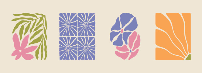Trendy aesthetic posters with abstract groovy floral shape with flowers and leaves. Simple irregular wild plants. Naive funky prints for wall art, interior decorations. Boho summer illustrations
