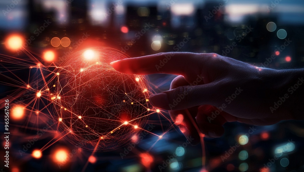 Aufkleber human and robot hands touching digital sphere network on dark background in 3d