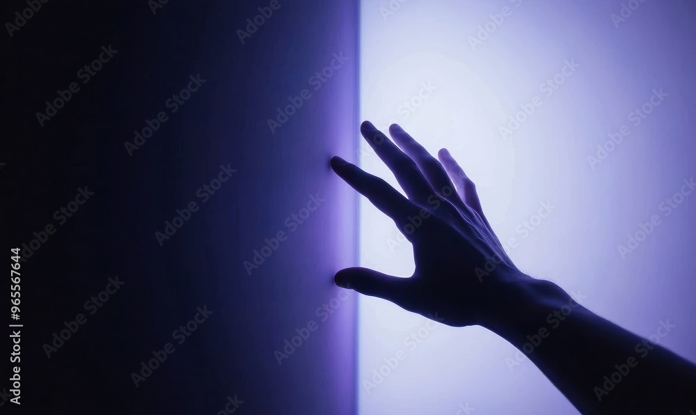 Poster on a dark background, a blue robot is touching a graph interface in 3d