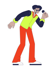 Retro male singer singing microphone 2D cartoon character. Funky performer 70s. Disco styled hispanic man holding mic isolated person flat vector on white background. Spot illustration colorful