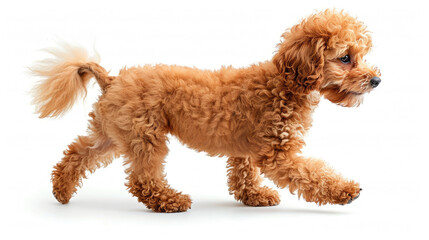 red toy poodle dog walking side view isolated on white background