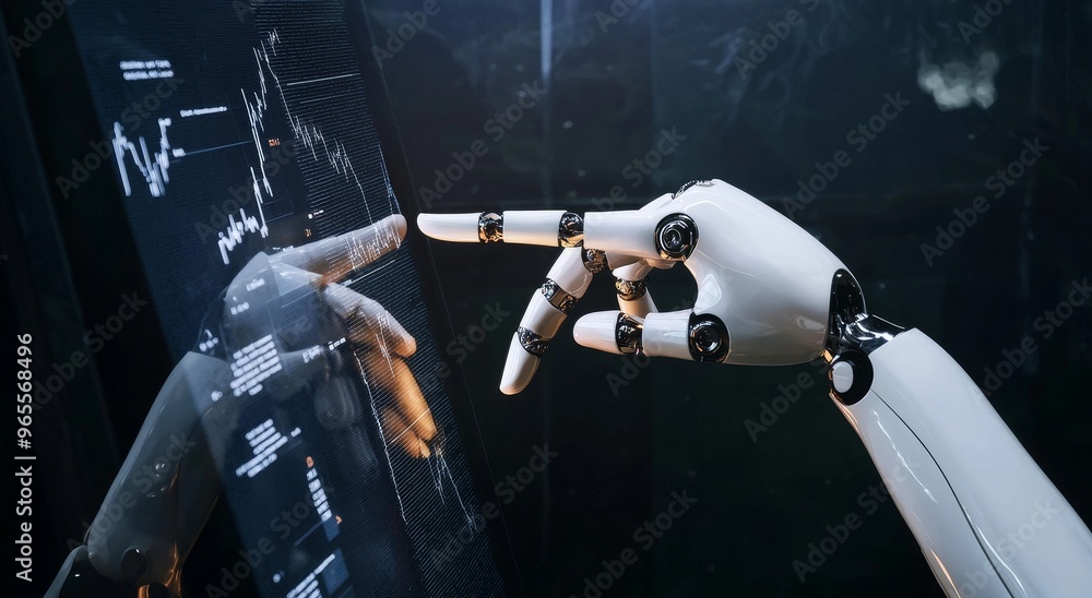 Poster 3d rendering of a robotic hand touching a human hand on a digital graph interface