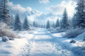 A peaceful snowy landscape with a blanket of fresh snow covering pine trees and a quiet forest