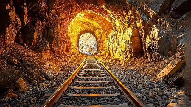 Dark underground gold mine tunnel with shining ore deposits, gold, mine, tunnel, underground, dark, shining