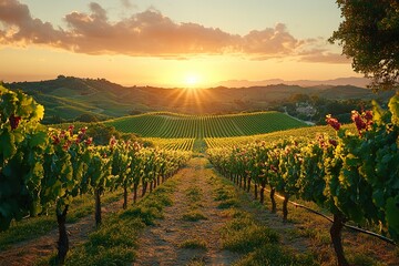 Naklejka premium A picturesque view of rolling hills covered in grapevines with a sunset casting a warm glow