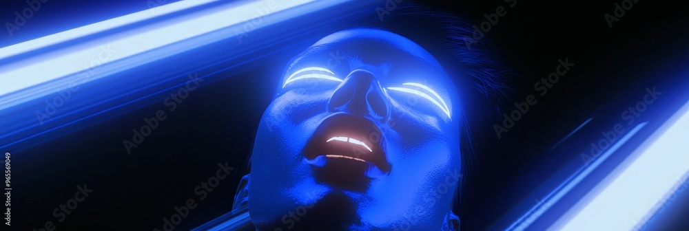 Poster stock 3d rendering of a robot man in a cyborg face