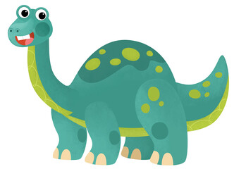 cartoon scene with happy prehistoric animal brontosaurus diplodocus smiling and walking isolated on white background illustration for kids