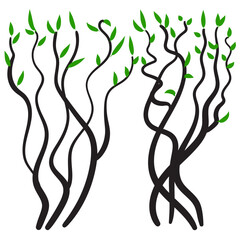 Sketch hatched leaves and twigs collection. Scribble dry branches, handdrawn sketchy plant elements