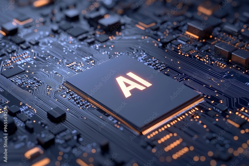 Aufkleber rendering of glowing stock (ai) chipset cpu on a circuit board in 3d. electronic and technology conc