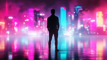 Black silhouette of a man against a colorful neon background, standing tall with futuristic city lights