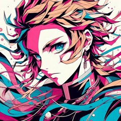 Naklejka premium Portrait of a character in anime art style, complex linearity, bright colors, dynamic pose.