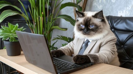 Business Cat Working From Home Feline in Suit Using Laptop in Home Office with Plants