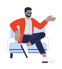 Armchair african american man sitting confident 2D cartoon character. Bearded black male participating discussion gesturing isolated person flat vector on white background. Spot illustration colorful