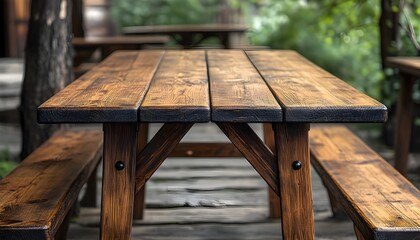 Naklejka premium A rustic wooden picnic table positioned centrally in a serene outdoor setting, surrounded by lush greenery.