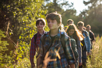 Group of teenagers hiking through nature, enjoying outdoor adventure