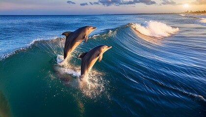 Naklejka premium Playful dolphin duo leaping over ocean waves