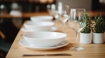 Elegant white porcelain dishes on a wooden table with a minimalistic table setting, showcasing timeless style