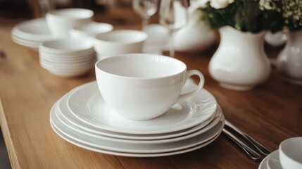 Fototapeta premium Elegant white porcelain dishes on a wooden table with a minimalistic table setting, showcasing timeless style