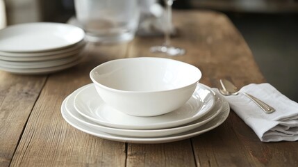 Elegant white porcelain dishes on a wooden table with a minimalistic table setting, showcasing timeless style