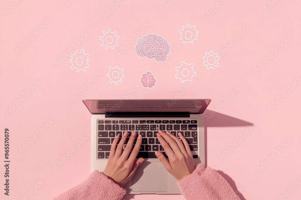 Poster a person using a laptop computer in the future