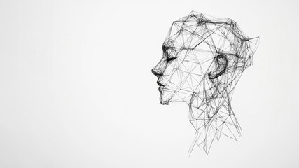 Abstract typography poster featuring a wireframe head illustration on a white background, combining art and technology in a minimalist style