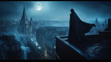 Silhouette of a Figure on a Rooftop Overlooking a City at Night