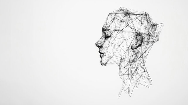 Abstract typography poster featuring a wireframe head illustration on a white background, combining art and technology in a minimalist style
