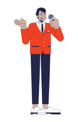 Indian male presenter speaking into microphone 2D cartoon character. Talking anchorman holding mic isolated person flat vector on white background. TV host gesturing. Spot illustration colorful