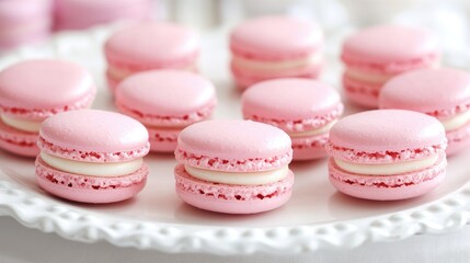 Fototapeta premium Pink macarons arranged on a white platter, symbolizing sweetness, indulgence, and luxury desserts