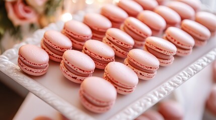 Fototapeta premium Pink macarons arranged on a white platter, symbolizing sweetness, indulgence, and luxury desserts
