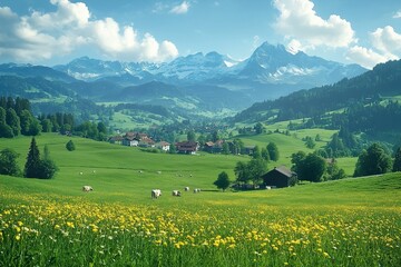 Fototapeta premium A scenic view of the Swiss countryside with rolling hills quaint villages and grazing cows