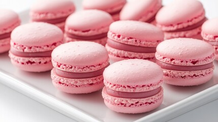 Fototapeta premium Pink macarons arranged on a white platter, symbolizing sweetness, indulgence, and luxury desserts