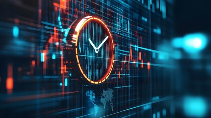 Abstract image of a digital clock with economic policy symbols, concept of timing in economic strategy