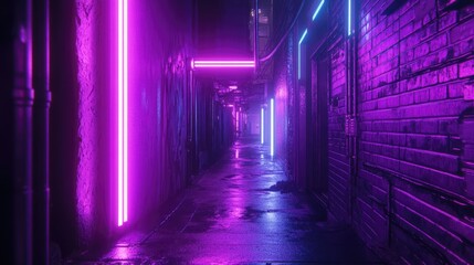 Fototapeta premium Purple neon lights glowing against a dark urban alley, adding a futuristic and cyberpunk vibe to the scene