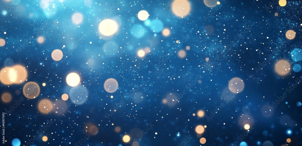 Wall mural abstract blue background with bokeh lights and copy space for text, glowing effect.