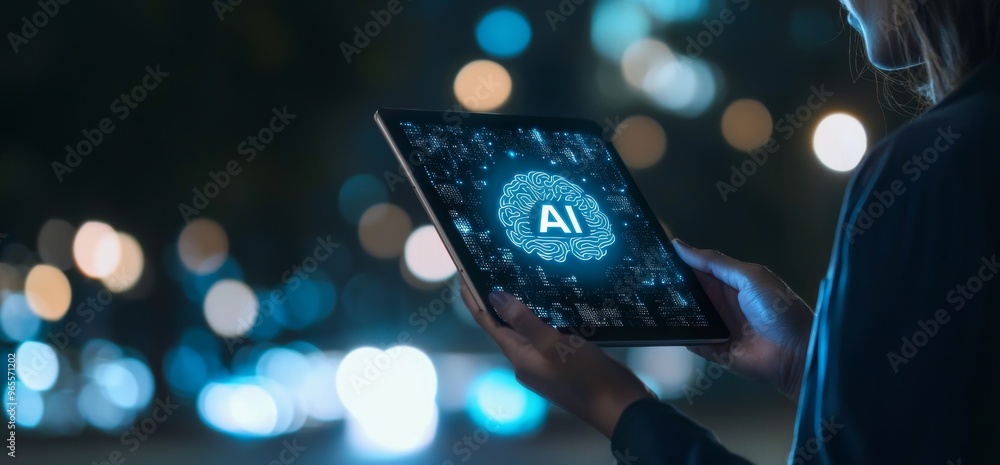 Poster touching the function of stock (ai) in futuristic business, coding software for interfaces and netwo
