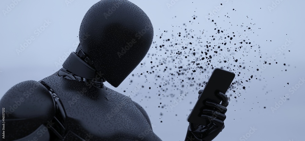 Poster in this 3d illustration, a humanoid robot makes use of a mobile phone or tablet to connect to the gl