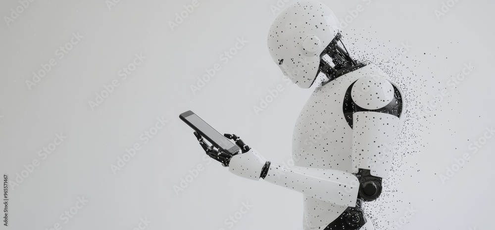 Poster humanoid robot uses mobile phone or tablet for global network connection using ai-thinking brain, st