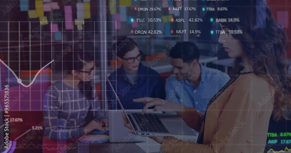 Aufkleber animation of financial data processing over diverse colleagues discussing work in office